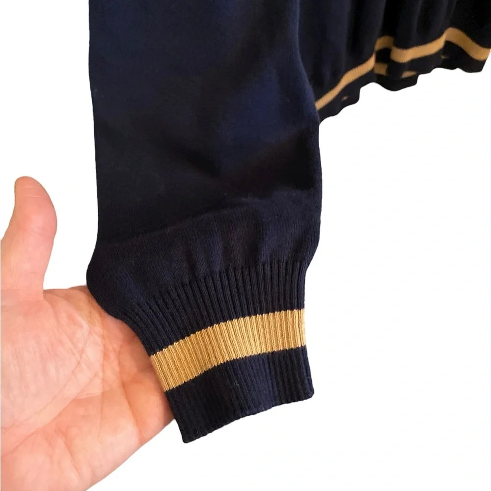 Cotton Knit Blue Tan strip V-neck Sweater  eclectic Grandpa fisherman old money